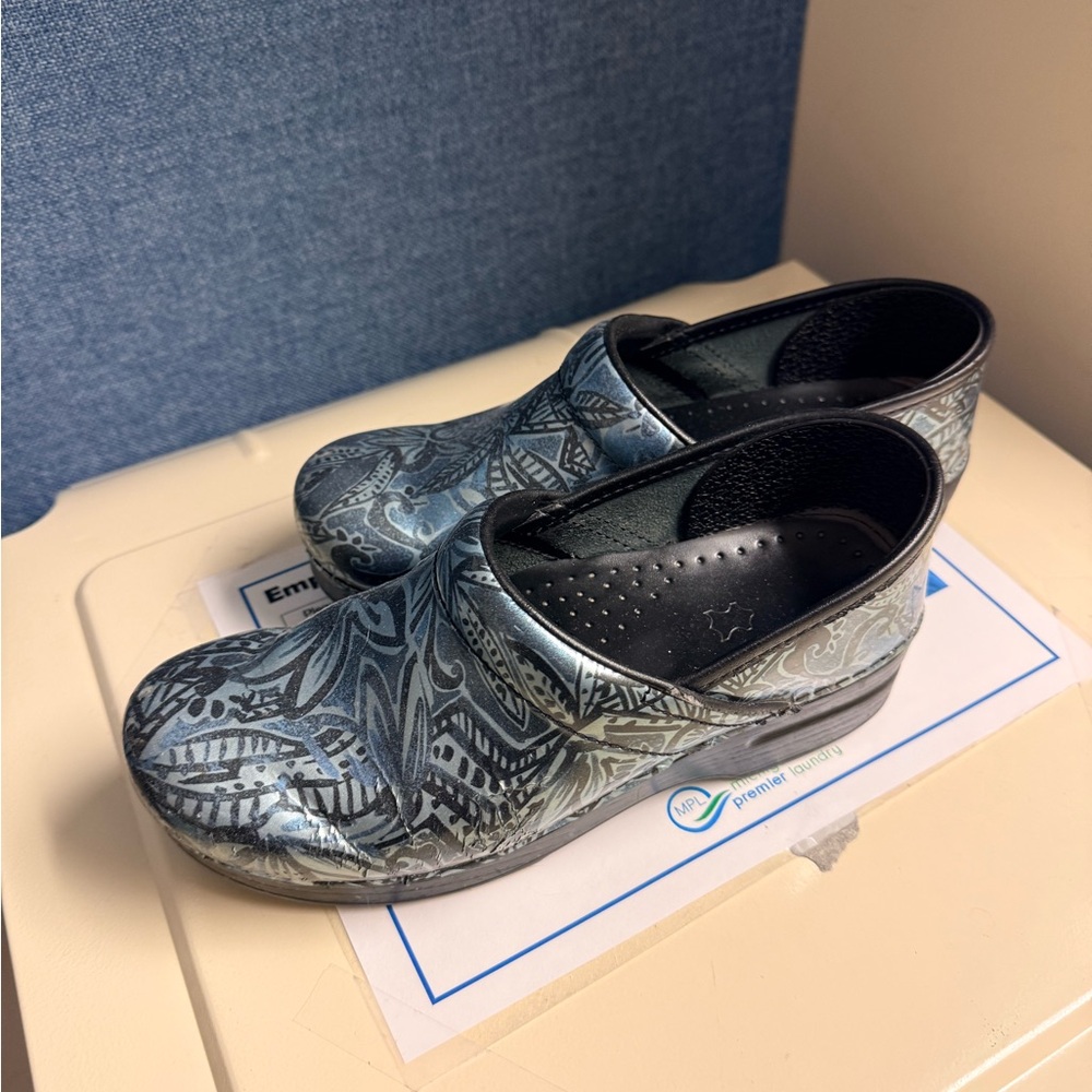 Dansko Blue and Black Patterned Clogs